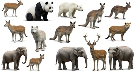 Fototapeta premium A diverse collection of majestic wild animals, showcasing various species from different continents, captured in detailed full-body shots