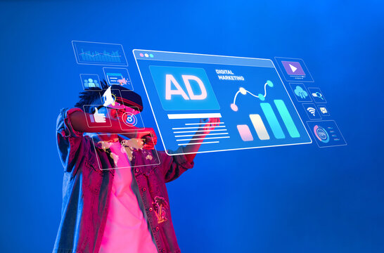 A person in virtual reality headset interacts with holographic digital marketing data, showcasing an innovative approach to social media advertisement strategies and analytics. XDMCP - Powered by Adobe