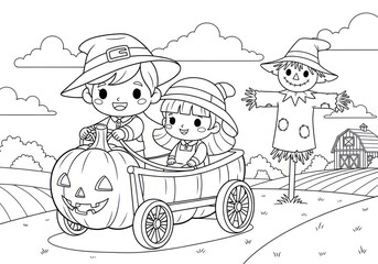Childrens Halloween Pumpkin Cart Ride with Scarecrow and Farm Scene.
