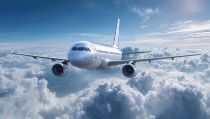 Fototapeta premium Shiny jet airliner soars above fluffy white clouds in a bright blue sky
