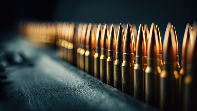 Close-up of ammunition lined up, metallic sheen, shallow depth of field, dark background