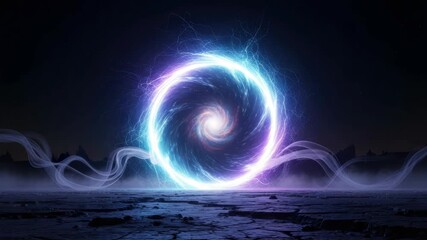 glowing circular portal of electric blue and purple light with swirling white center stands on cracked ground under dark starry sky Wispy energy trails extend outwards - Powered by Adobe