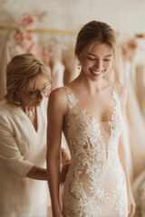 Cheerful bride trying on her lace wedding dress with her seamstress