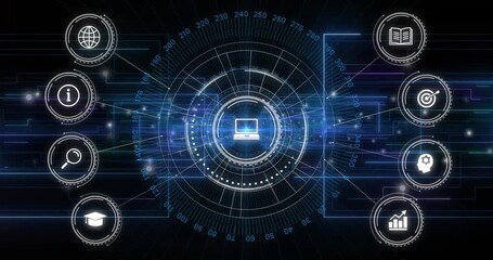 Upon opening, central HUD rotating rings, streaming data, fading icons highlighting connectivity - Powered by Adobe