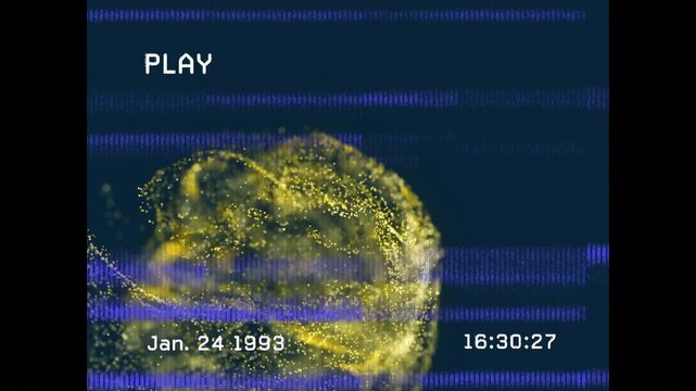 PLAY and date-stamp overlay showing golden particles emerging left glitch bars scanning VHS glitch