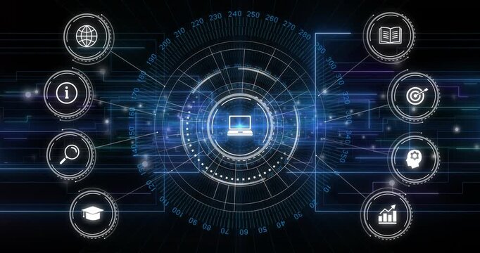 Upon opening, central HUD rotating rings, streaming data, fading icons highlighting connectivity