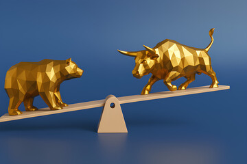 A golden bear and bull balance on a seesaw, symbolizing market forces.