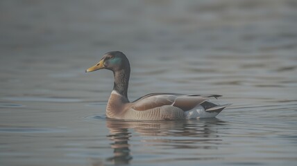 Colorful duck swimming in a serene lake during late afternoon light - Low Contrast