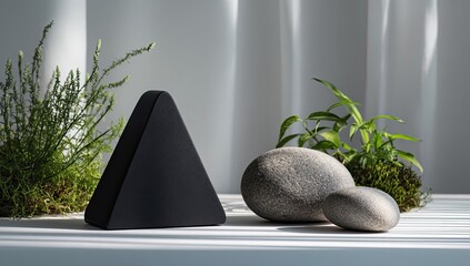 Black triangular object amongst  stones and plants on a white surface. Soft light