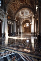 Fototapeta premium Grand interior of a domed building, marble floor reflects the light
