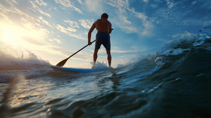Man Paddleboarding on Ocean Waves
