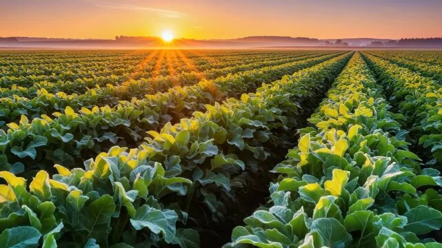 agricultural field stretches endlessly under radiant sunrise Rows of large green frost-kissed leafy crops glow in golden light extending to misty horizon and distant trees