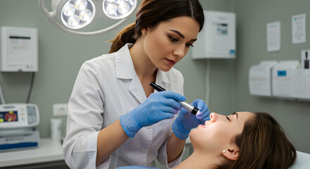 Young Female Doctor Examining Patient's Mouth with a Light Tool.