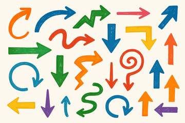 Colorful hand-drawn arrows in various directions on light background  
