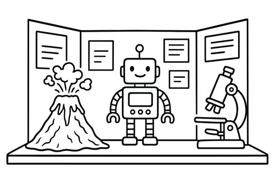 Kids science fair project display with volcano, robot, microscope. School experiment. STEM education concept. Black and white outline vector cartoon illustration for learning.