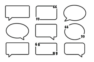 Set of black line speech bubble and quote box icons. Vector template for callouts, titles, web design, and infographics. Empty text frame for communication and dialogue.