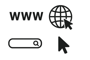 Web internet icon set. www, globe, search bar, cursor. Browser elements for website and mobile app design. Go to web symbol. Online surfing and connection concept vector.