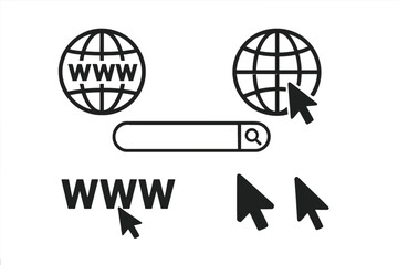Website and internet browser icon set. WWW globe, web search bar, and mouse cursor elements. Vector for online connection, global network, http address, and webpage concepts.
