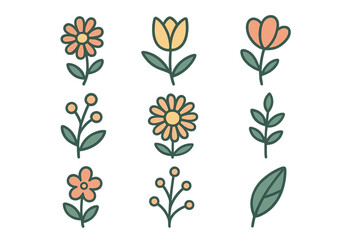 Set of simple floral elements in minimalist style. Modern design assets. Cute cartoon vector illustration of flowers, leaves, and botanicals for decoration. Doodle icons.