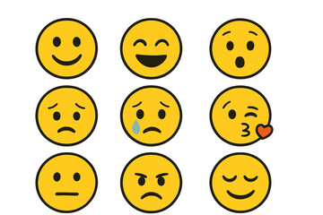 Simple emoji faces set with various expressions. Vector cartoon illustration of emoticons. Emotion and feeling concept. Happy, sad, angry, surprised, kiss, cry, love.