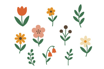 Simple floral elements in minimalist style for modern design. Vector cartoon illustration set. Cute flat botanical flowers, leaves, and berries. Spring nature graphic collection.