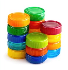 Colorful plastic bottle caps stacked in small towers on a white background
