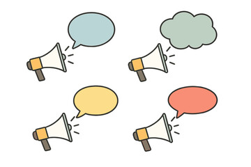 Megaphone with speech bubble vector set. Flat design for announcement, promotion, and advertising. Loudspeaker communication icon. Message, notice, and social media alert.