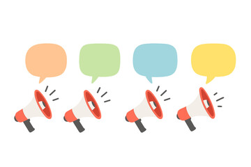 Vector set of megaphones with blank speech bubbles. Bullhorn announcement icon for marketing promotion. Loudspeaker for news, alerts, communication. Flat illustration.