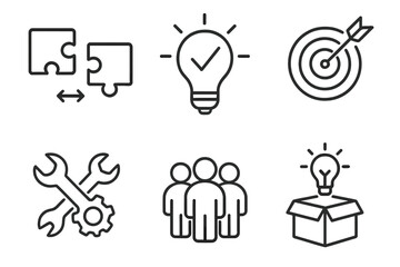 Solution and business strategy line icon set. Concepts of teamwork, innovation, problem-solving, goal, success, idea, development, settings, thinking outside the box. Vector.