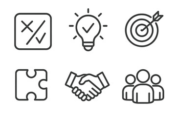 Business solution thin line icons set. Success, goal, idea, teamwork, problem-solving concepts. Vector illustration for web. Partnership, agreement, deal, strategy, choice.