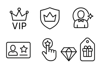 VIP icon set. Premium member and exclusive access line icons. Includes crown, diamond, shield, and loyalty card. Vector graphic for luxury brand, royalty service concepts.