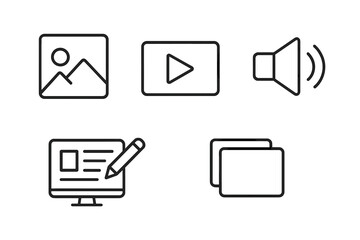 Web content creation icon set in thin line style. Vector collection of media symbols: photo, video, audio, blogging, copy file. Editable stroke outline pictogram pack.