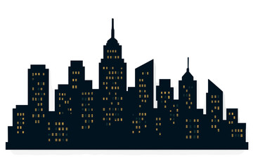 City skyline silhouette at night. Vector illustration of a modern cityscape with glowing windows. Urban architecture background. Downtown panorama with skyscrapers and buildings.
