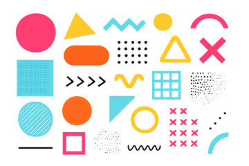 Abstract geometric shapes set. Colorful Memphis design style elements. Retro 80s 90s trendy graphic objects for web, vintage advertisement, poster, sale banner. Vector.
