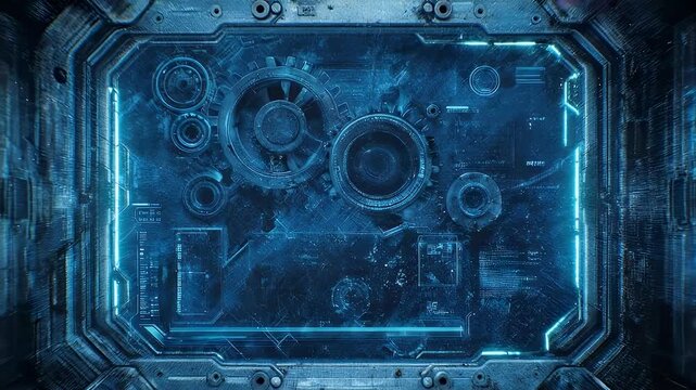 Futuristic blue metallic panel showing intricate mechanical and digital data
