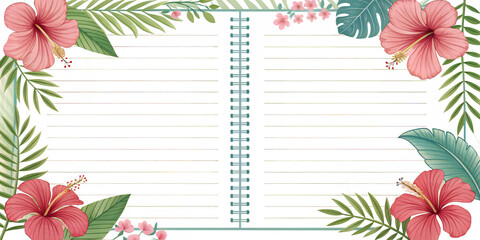 Tropical Notebook Floral Arrangement: A stunning tropical-themed notebook design featuring vibrant pink hibiscus flowers, lush green palm leaves, and a delicate notebook spine.