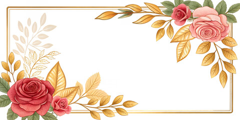 Floral Frame: A captivating floral frame, meticulously adorned with vibrant red roses and elegant golden leaves, offering a blend of romance and sophistication.