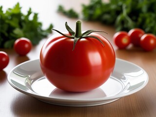 Whole Tomato with Vibrant Red Color – Realistic Food Photography on White Plate with Green Stem and Blurred Background of Herbs and Cherry Tomatoes