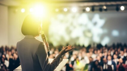 speaker addresses large audience from stage illuminated by spotlight She holds microphone gesturing expressively while standing at podium The blurred crowd listens intently