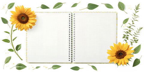 Floral Journal: A vibrant notebook adorned with sunflowers and leaves, opening its pages to invite your creative endeavors and writing inspiration.