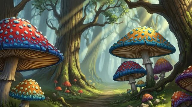 whimsical forest path winds through giant trees bathed in sunlight Numerous vibrant patterned mushrooms with red orange blue and purple caps dot the mossy ground magical scene