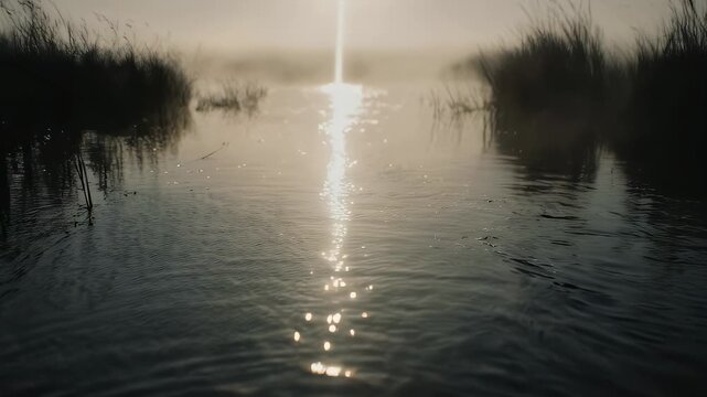 Tranquil scene of a body of water with ripples, reeds, & diffused light