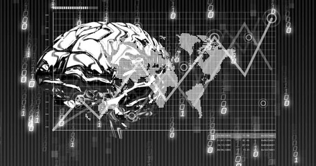 Binary digits causing metallic brain rotating, map markers linking, graph showing data trends - Powered by Adobe