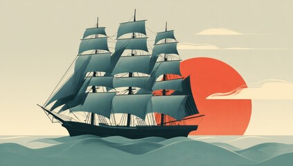 A stylized three-masted sailing ship glides across gentle waves against a setting sun