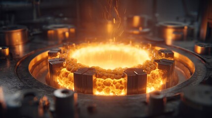 Molten metal processing event industrial facility close-up image high-heat environment dynamic angle forging innovation