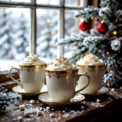 “Three white porcelain mugs with gold trim filled with whipped cream and cinnamon on a snowy wooden table, with evergreen tree and snowy winter window creating a festive cozy atmosphere”