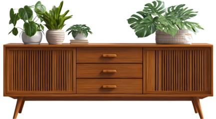 A mid-century modern wooden credenza is the focal point, showcasing a warm, inviting aesthetic with multiple drawers and vertical slatted doors, alongside potted plants that introduce natural...