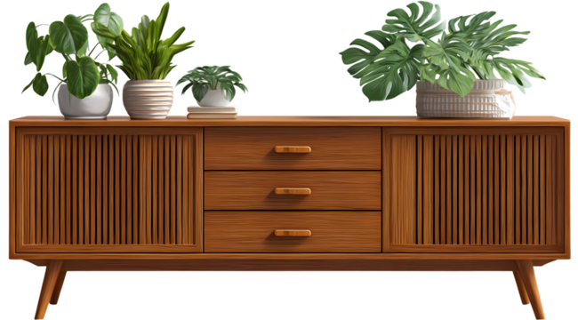 A mid-century modern wooden credenza is the focal point, showcasing a warm, inviting aesthetic with multiple drawers and vertical slatted doors, alongside potted plants that introduce natural...