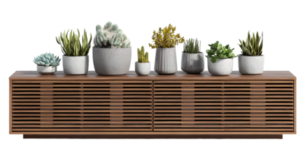 Various potted plants, including succulents and cacti, are displayed in white and gray ceramic pots atop a long wooden cabinet with a slatted design.