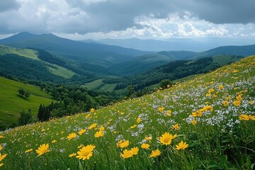 Fototapeta premium Lush meadow with vibrant wildflowers and distant mountains.
